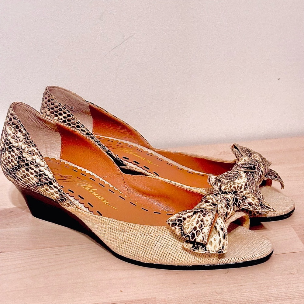 Beverly Feldman VTG 90s Peep Toe Kitten Wedge Snake Skin Leather Bow Shoes 8.5